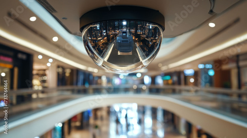 Dome surveillance unit on ceiling of shopping mall