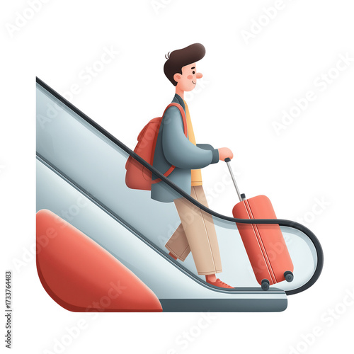 Flat Illustration of Airport Escalator with Person and Suitcase, Minimal Style, No Gradients, Isolated on Transparent Background