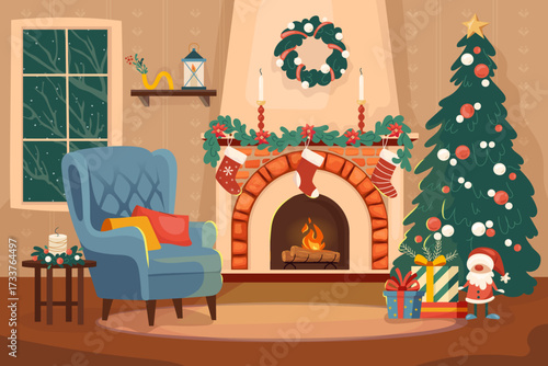 Christmas interior with cozy fireplace, decorated tree, stockings, gifts and warm armchair. Festive holiday scene full of comfort and joy. Xmas home vector illustration for greeting cards, banners