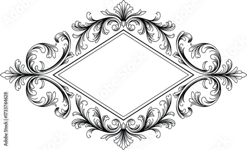 Ornamental diamond frame design, symmetrical floral swirls, elegant vintage border, black decorative layout accent, flourish artwork for invitations
