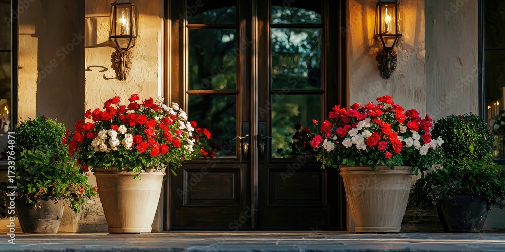 Fototapeta premium A front porch with large potted plants, red and white flowers, and a wooden door with black trim.