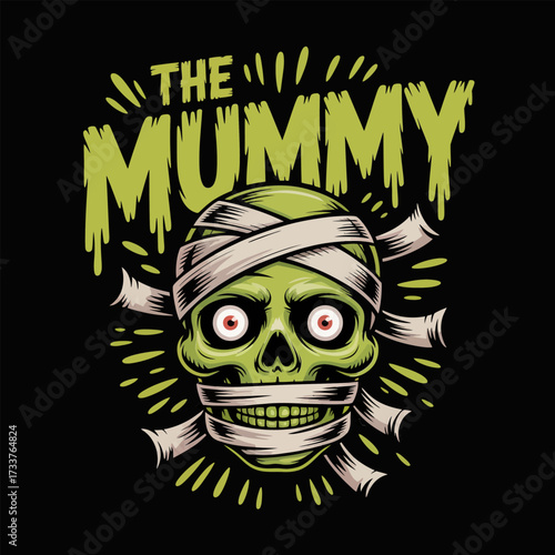 Mummy horror head emblem, dripping title style, yellow green face, glowing eyes, black background, retro scary vector illustration
