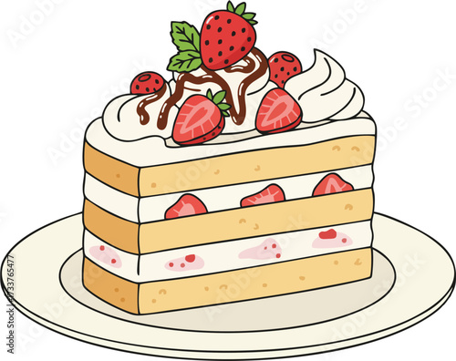 Cute Strawberry Shortcake Slice Vector Illustration – Layered Sponge Cake with Whipped Cream, Fresh Strawberries, and Chocolate Drizzle