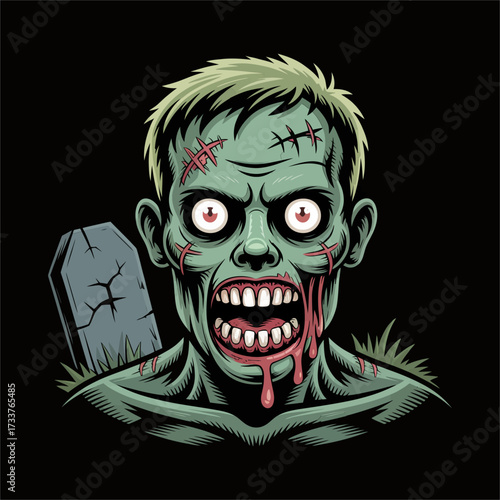 Undead zombie bust, graveyard night vibe, cracked tombstone behind, red eyes, snarling mouth, gritty horror mascot vector illustration