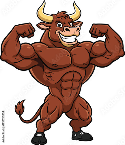 Cartoon muscular bull flexing biceps in confident pose, strong animal character with athletic shoes for power, motivation, mascot, and fitness vector