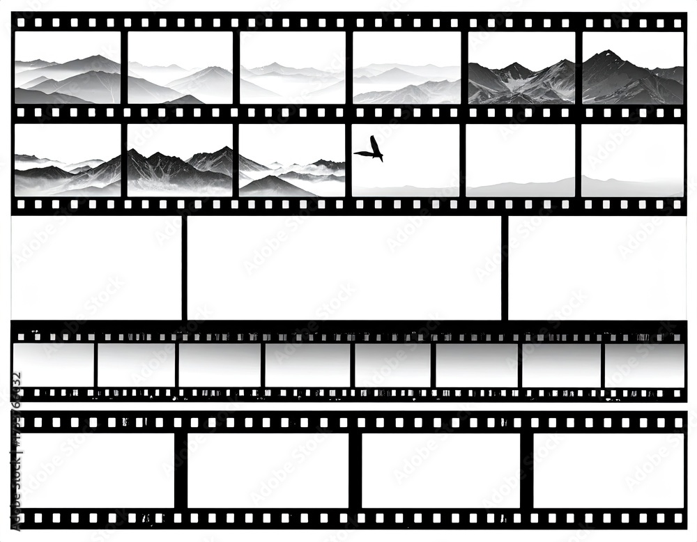 Fototapeta premium Film strips displaying mountain landscapes with bird & blank frames