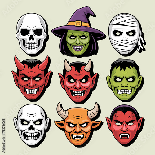 Vintage halloween mask set, skull witch devil goblin faces, retro collection, sticker pack, printable icons, vector