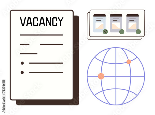 Vacancy form sheet, map with global nodes, candidate profiles with selection marks. Ideal for recruitment, hiring, employment, HR, global opportunity workforce job search. Simple flat metaphor