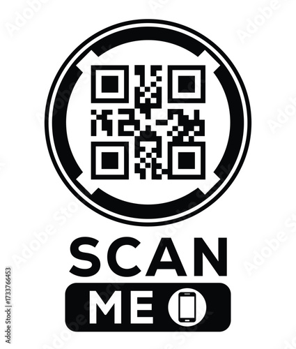 Minimalist black and white QR code label design with "SCAN ME" message, modern style, ideal for marketing, digital menus, business promotions, and mobile-based contactless solutions.	