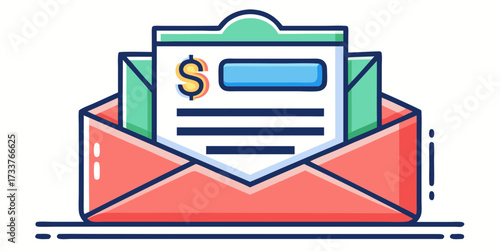 Envelope with financial document and dollar sign symbolizing salary slip, invoice, payment notification or billing statement