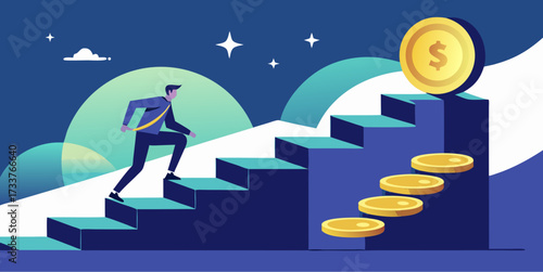 Businessman climbing stairs toward coin symbolizing financial growth, career success, business goals and wealth achievement