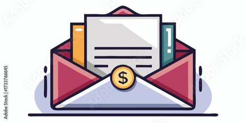 Envelope with documents and dollar symbol representing financial report, invoice, salary notification or business correspondence