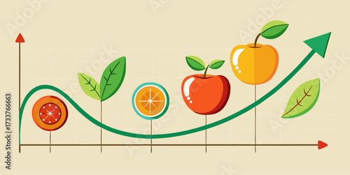 Fruit growth chart with rising arrow symbolizing healthy development, agricultural success, organic farming and nutrition progress