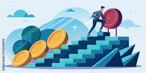 Businessman climbing stairs toward target symbolizing career growth, financial success, business achievement and goal setting