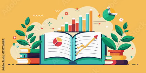 Open book with charts and graphs symbolizing education analytics, data-driven learning, academic growth and knowledge progress