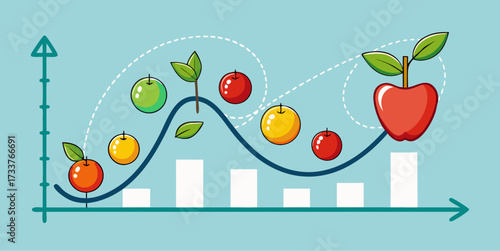 Colorful fruits on bar and line graph representing agricultural growth, seasonal harvest, organic farming and food production progress