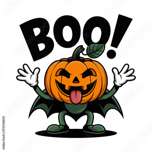 Boo message pumpkin bat, happy jack o lantern with wings, open arms pose, friendly halloween icon, vector