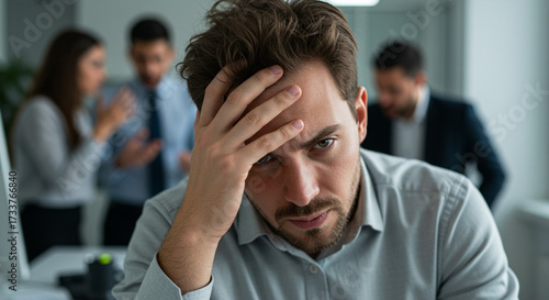 Team in crisis, stressed male manager with hand on forehead, office argument in background, workplace stress management concept