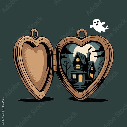vintage heart locket pair, open pendant showing spooky mansion, delicate ghost detail, elegant gothic jewelry, vector illustration