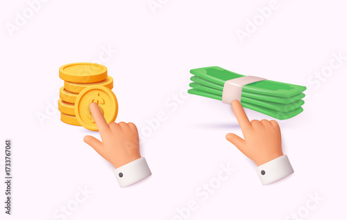 Concept of money choice with hands selecting between stack of coins and banknotes. Finance decision concept. 3D Vector Web Illustration.