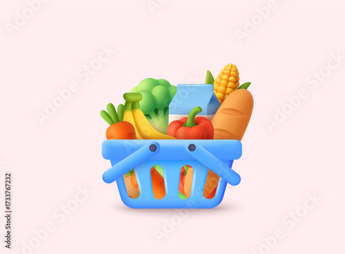 Grocery shopping basket full of fresh food, vegetables, fruits and bread. 3D Vector Web Illustration.