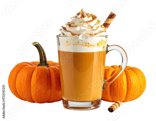 A pumpkin spice drink with whipped cream, a wafer, and two pumpkins