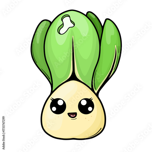Cute leek character. Simple vegetable with kawaii face, eyes and smile. Hand drawn vector illustration for kids design, sticker, kids menu, poster, print.