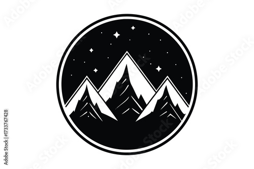 Black and White Mountain Peaks Encircled by Stars within a Circular Frame Design