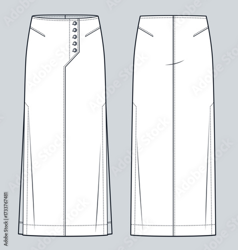 Low rise long Skirt with side Slits and Button Closure Fashion flat Sketch. Pensil Skirt fashion flat technical drawing template, front and back view, white, women CAD mockup.