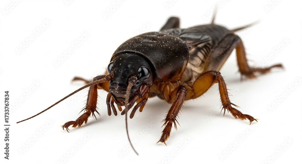 Naklejka premium Vivid close up studio shot of a brown mole cricket isolated on a bright white background showcasing detailed insect anatomy