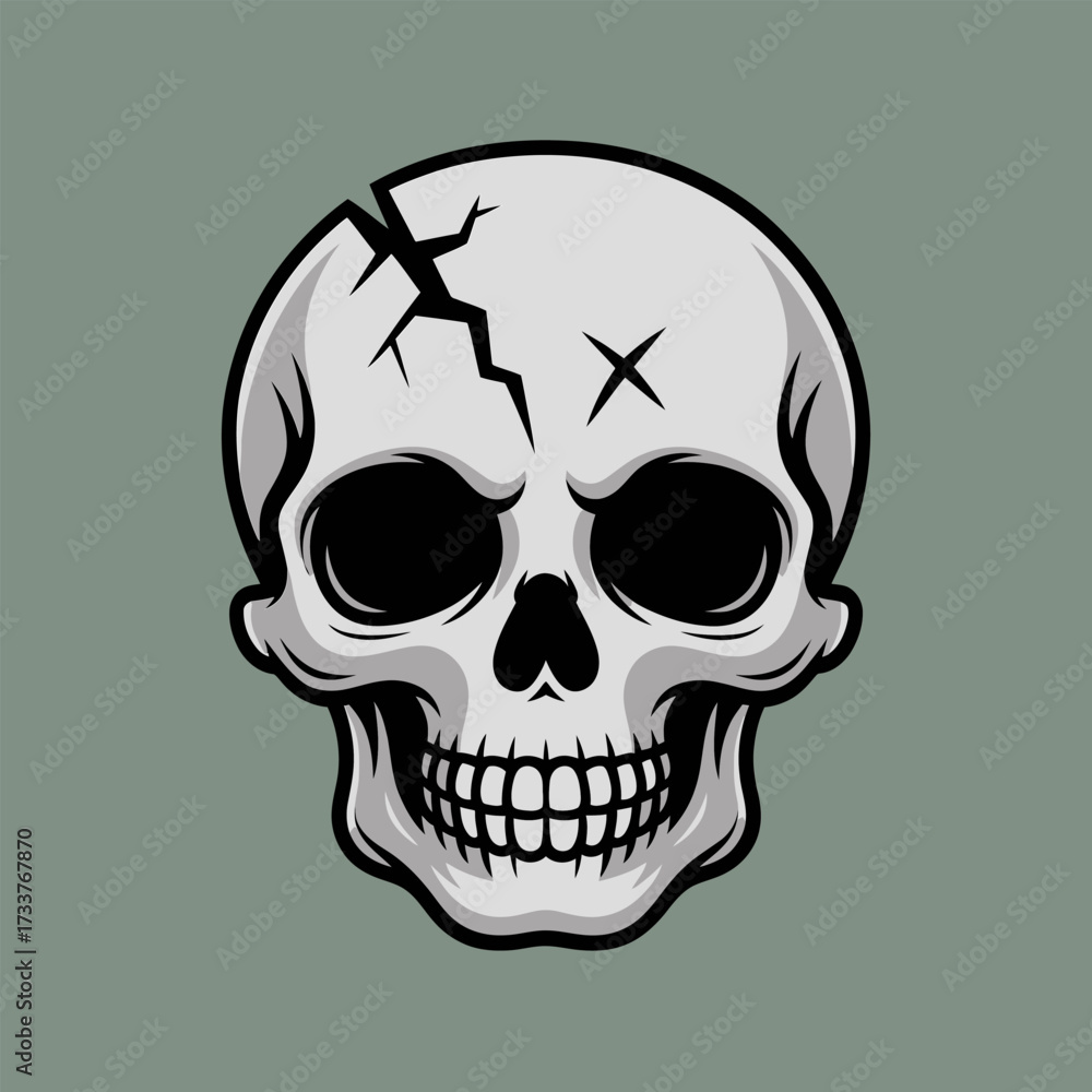 Fototapeta premium Realistic human skull illustration, dark gray background, cracked bone details, horror emblem, tattoo style graphic, macabre Halloween vector