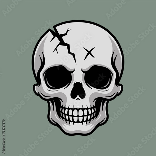 Realistic human skull illustration, dark gray background, cracked bone details, horror emblem, tattoo style graphic, macabre Halloween vector