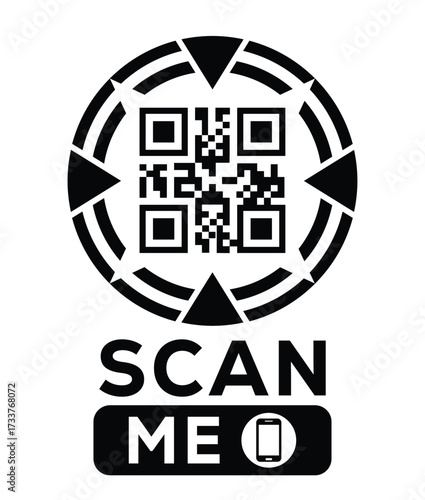 Minimalist black and white QR code label design with "SCAN ME" message, modern style, ideal for marketing, digital menus, business promotions, and mobile-based contactless solutions.	