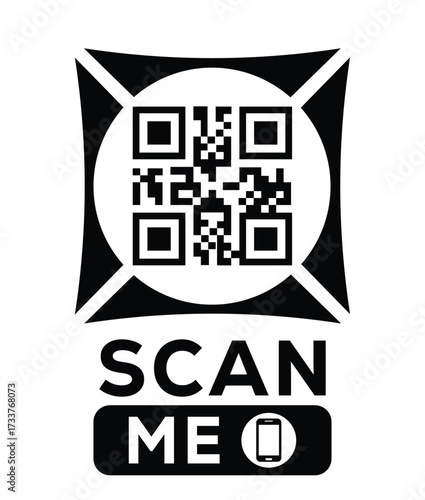 Minimalist black and white QR code label design with "SCAN ME" message, modern style, ideal for marketing, digital menus, business promotions, and mobile-based contactless solutions.	