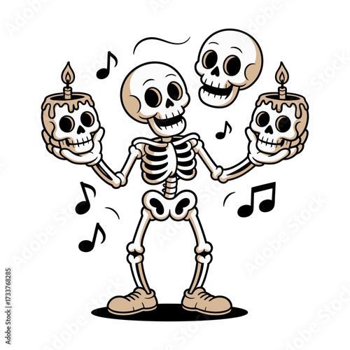 Dancing skeleton performer, juggling candle topped skulls, music notes around, lively rhythm, fun spooky mascot, crisp vector artwork