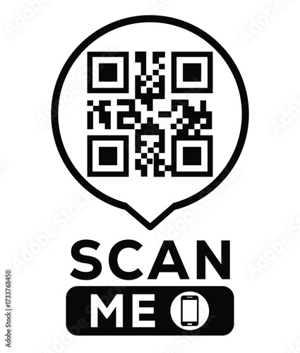 Minimalist black and white QR code label design with "SCAN ME" message, modern style, ideal for marketing, digital menus, business promotions, and mobile-based contactless solutions.	