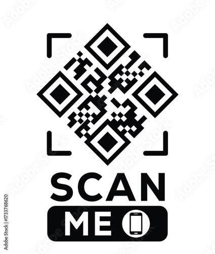 Minimalist black and white QR code label design with "SCAN ME" message, modern style, ideal for marketing, digital menus, business promotions, and mobile-based contactless solutions.	