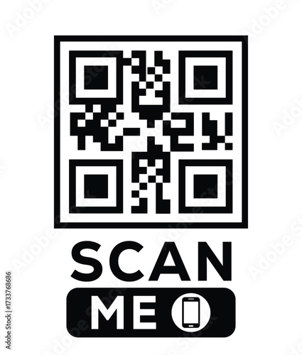Minimalist black and white QR code label design with "SCAN ME" message, modern style, ideal for marketing, digital menus, business promotions, and mobile-based contactless solutions.	