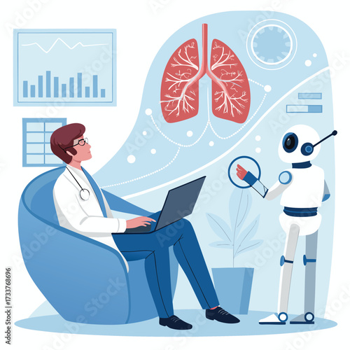 Vector art of a doctor consults with a robot about lung health, using technology and artificial intelligence for diagnosis and treatment of respiratory diseases