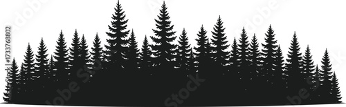 Dense coniferous forest silhouette with varied tree heights and thick canopy for nature, wilderness, minimalist vector, and environmental illustration