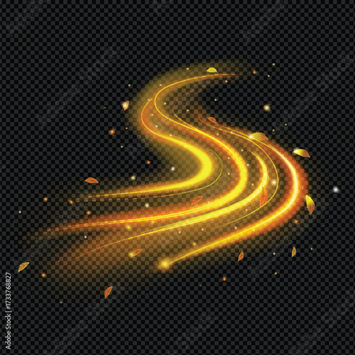 Autumn light effect, orange wind wave yellow autumn leaves. Wind, golden tornado. Magic twist with stars and sparkles. Gold swirl wizard spell, Realistic 3d Vector illustration