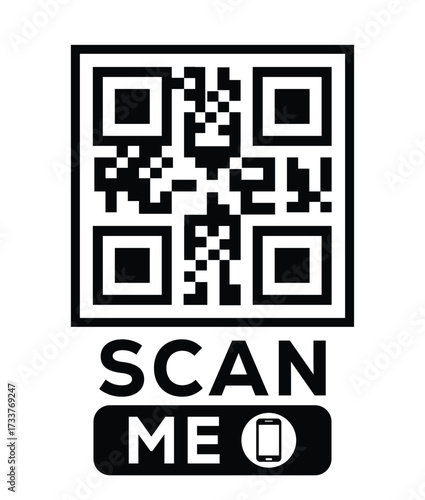 Minimalist black and white QR code label design with "SCAN ME" message, modern style, ideal for marketing, digital menus, business promotions, and mobile-based contactless solutions.	