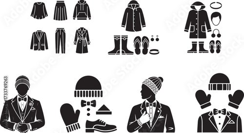 Collection of black and white clothing and accessories