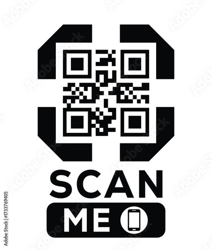 Minimalist black and white QR code label design with "SCAN ME" message, modern style, ideal for marketing, digital menus, business promotions, and mobile-based contactless solutions.	