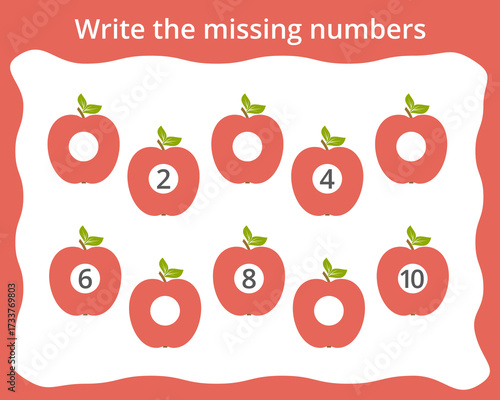 Write the missing numbers in apples. Children's educational game. Score 1-10.