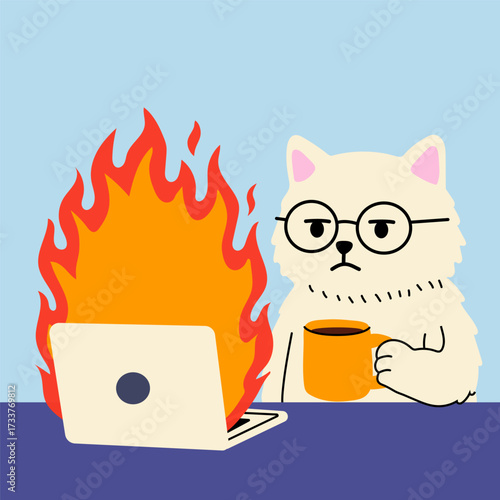Cartoon cat calmly holding coffee while watching laptop on fire