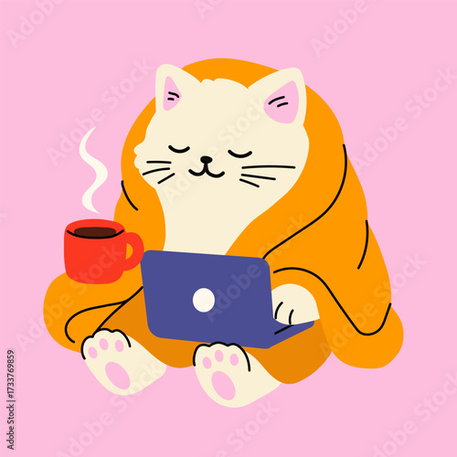 Cute Cat Working from Home Wrapped in Blanket
