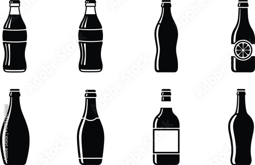 Stylized bottle silhouette set showing soda, wine, liquor, and citrus drink shapes for packaging, branding, beverage design, and icon reference