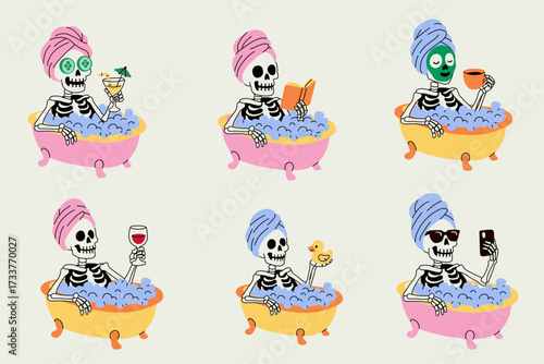 Cartoon Skeleton Spa Day Activities in Bathtub