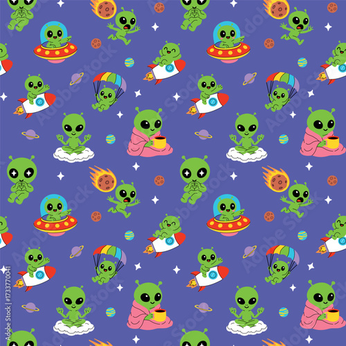 Seamless pattern of cute green aliens in space with rockets, UFOs, planets, meteors, parachutes, and stars on a purple background
